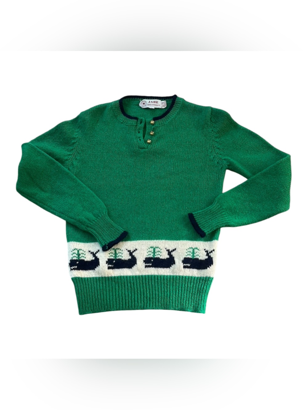Vintage 80s JADE 100%
Shetland Wool Green Novelty Whale Sweater S